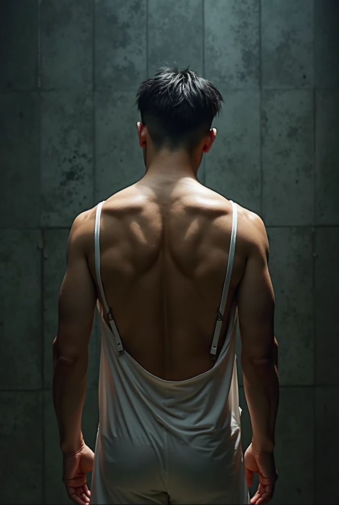 a handsome Asian man, he is wearing a springy white tank top, wet, standing on his back showing his ass, dramatic lighting, hyper-realistic, 8k, high quality, intricate details, cinematic composition, glowing skin, dramatic atmosphere, moody lighting