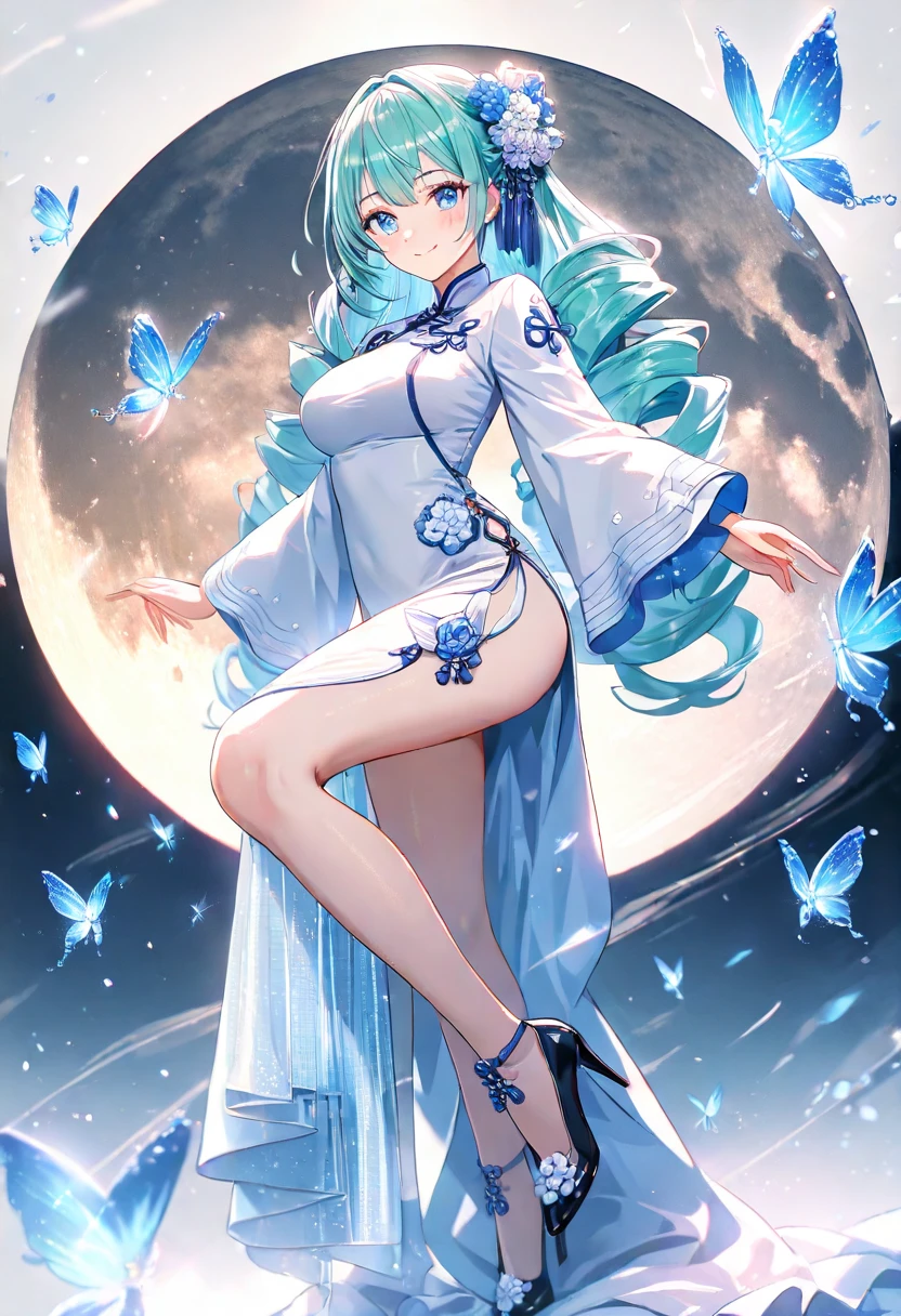 (Masterpiece), (Top Quality Anime Illustration), (Super Definition), One Girl, Solo, Beautiful Girl with Silver Hair, Anime Loli, Cat Ear Loli, Light Blue See-Through Cheongsam Dress, Short Cheongsam, Sleeveless, Smile, Cleavage Emphasis, Underboob, Thighs, Tarot Card Wind