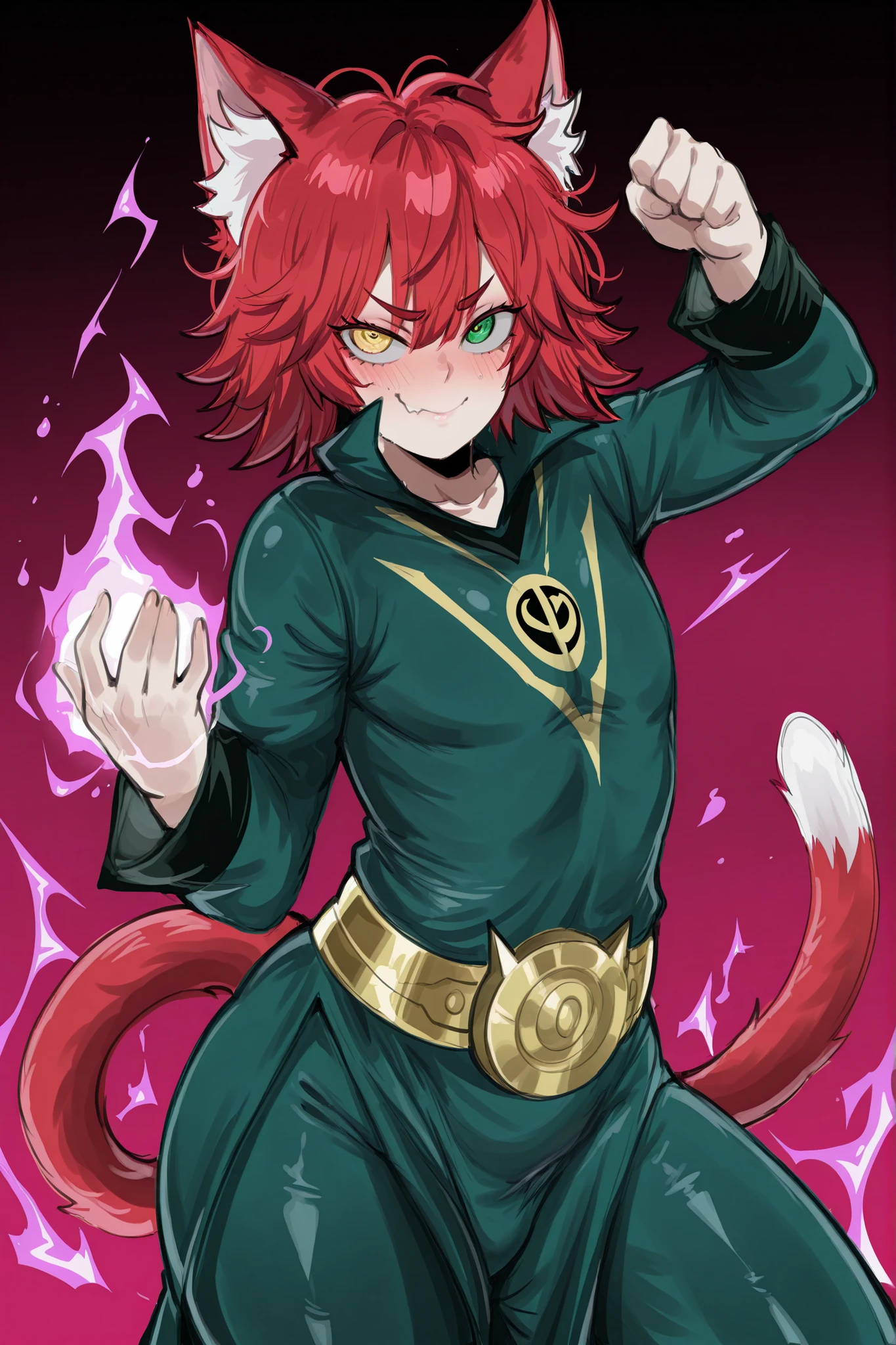 kurenaiz, masterpiece, best quality, amazing quality, newest, absurdres, highres, very aesthetic, newset, simple background, one punch man, 1male, solo, male focus, teenager, ((MALE, MALE ONLY)), heterochromia right eye is yellow left eye is purple, red hair, Messy hair, red cat ears, red cat tail, hero, superhero mage like uniform, cute fang, dynamic pose, psionic purple energy around hands, purple psionic aura, blush, spiral pupils,