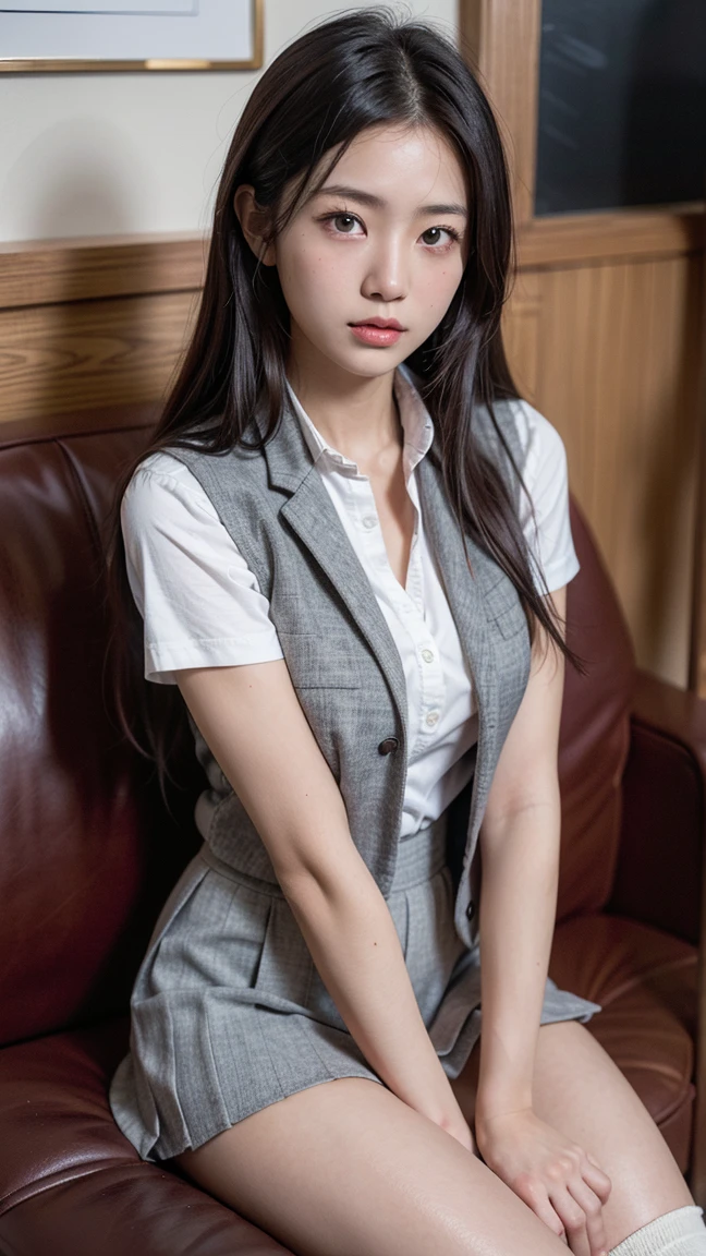 (8K), (highest quality: 1.2), (realistic), (realistic: 1.37), ultra high resolution, 1 girl, cute, smile, closed mouth, thick lips,beautiful details, beautiful nose, straight black hair, giant dulcefo, pork, thighs,self snap,University Student Uniform,simple blazer,pleated skirt,opaque tights,bed,spread your legs ,skirt lift, From above,close up on face
