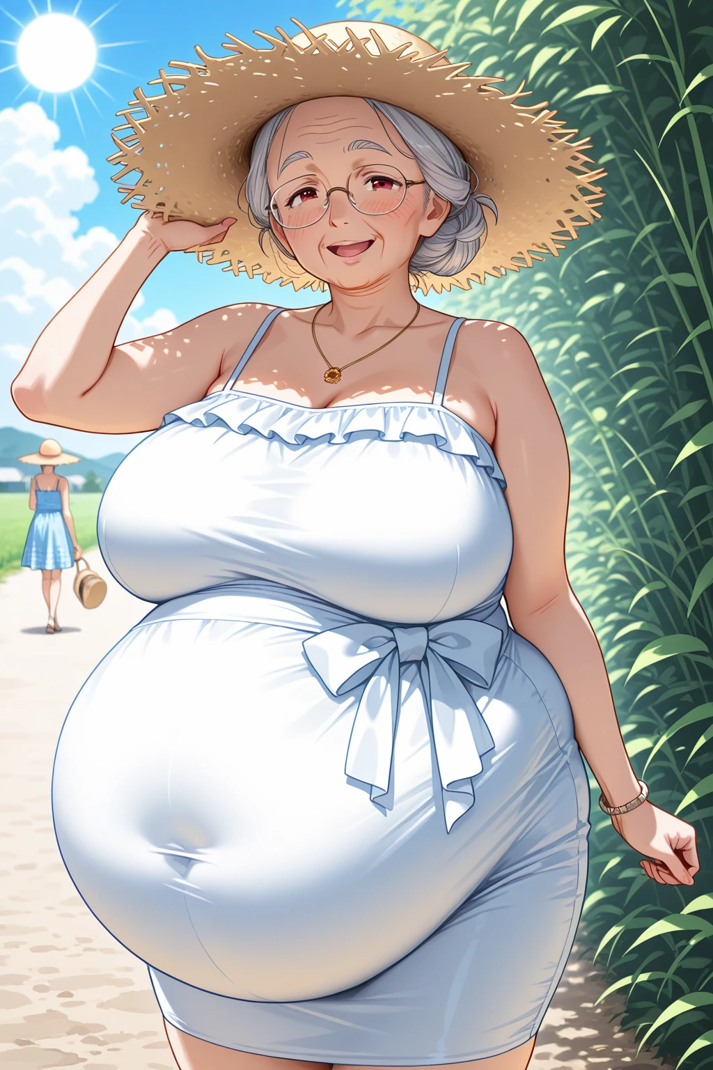 ((pregnant woman with a big belly)), ((white sun dress) ((solo)) ((curvy thigh1girl,tomboy (pixie cut),white hair, tan brown skin (masterpiece,mature,detailed, high quality),,smirk,smug, (Elderly wrinkled face))