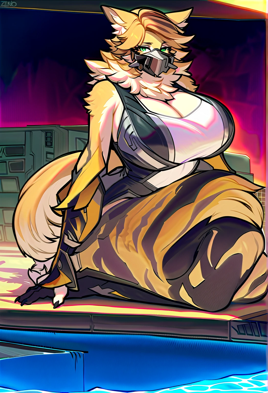 solgaleo , anthro, white fur, white body, big breasts, big tits, yellow nipples, thin waist, big ass, thick thighs, bare paws, alley in building, trash can, at night, letter tattoos, alley in building, trash can, full of garbage, tattoo fuck me, at night