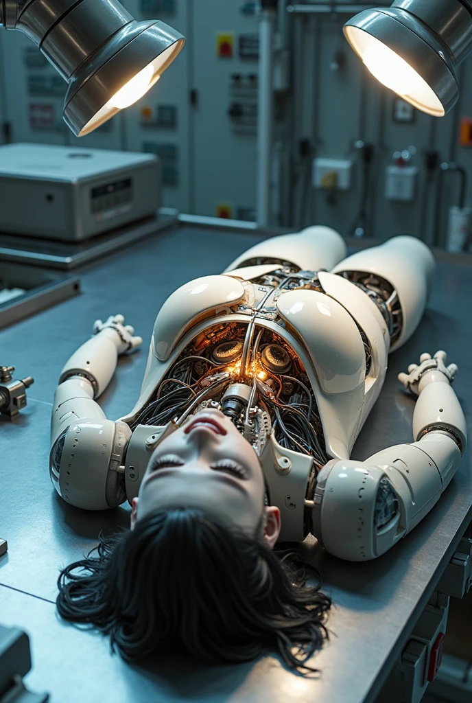 Female T-888 (face: Elizabeth Olsen) with skin like human covered around endoskeleton full the body. It is lying on the table. It’s shutting down
Cameron Philips (T-900) uses a knife and cuts T-888’s skin on the chest, separate the skin layer