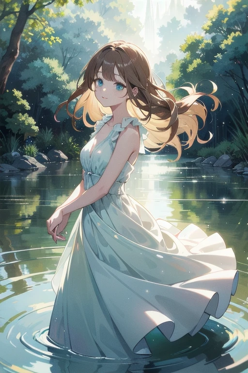 score_9,score,sauce_アニメ, Break 1 Girl, alone, shinosawa hiro, VirtuosaBase、thin, Orange Eyes, White eyelashes, bionde, Long Hair, Hair Clip, , Flat Chest, slim, rib, Water Play, Dress Lift, wet, See-through silhouette, sunlight, light, bloom, Lens flare, dark, Cowboy Shot, From behind, Recall, (masterpiece:1.2, Highest quality), (Fine and beautiful eyes: 1.2), (Beautiful and dense face), (Sharp facial hair between the eyes)、Dynamic Pose Glossy Skin, Pale skin, Secret Realm, Small Lake, forest, Kneel on lake surface, Sunlight shadow, Depth of written boundary, close, close range