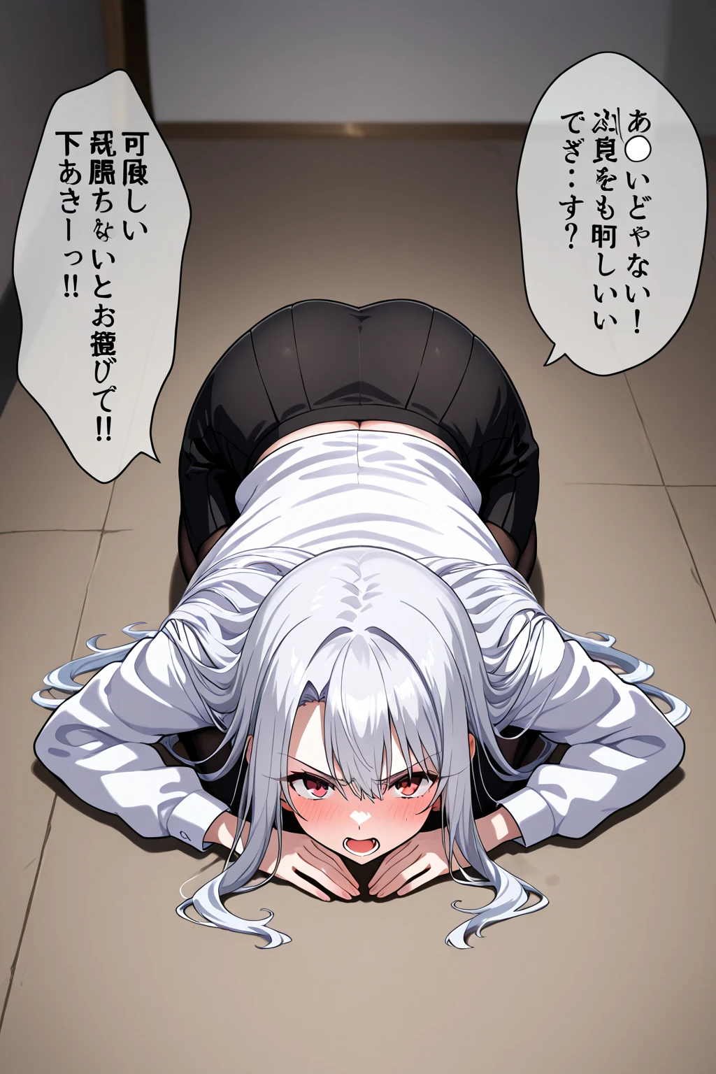 Girl with long white hair laying on the ground defeated, intense fighting scene, manga page with panels and dialogue