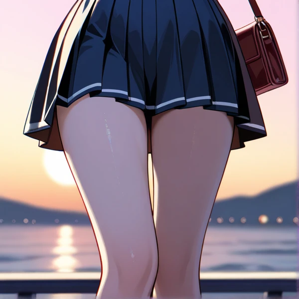 projected inset, (highest quality), (depth of field), (full body), charming, rich details, 1girl, girly, cute, ((silver hair)), quadratic, long ponytail, light red eyes, red hair accessories, sleeveless, off-the-shoulder, crop navel, lift skirt, panties, sideways, evening, sunset, beautiful sky, lakeside, water reflection