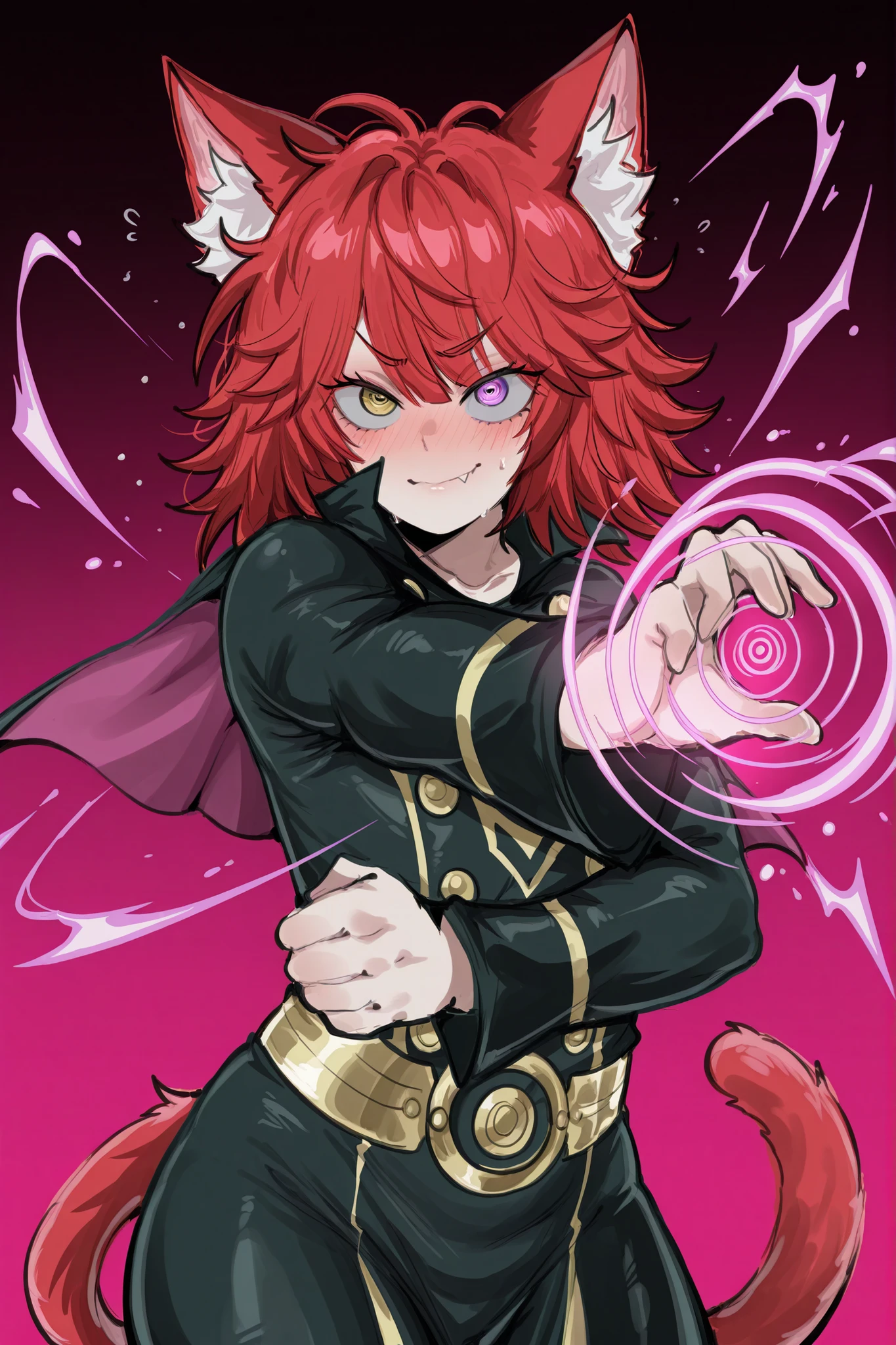 kurenaiz, masterpiece, best quality, amazing quality, newest, absurdres, highres, very aesthetic, newset, simple background, one punch man, 1male, solo, male focus, teenager, ((MALE, MALE ONLY)), heterochromia (((left gold right purple eyes)), red hair, Messy hair, red cat ears, red cat tail, hero, superhero mage like uniform, cute fang, dynamic pose, psionic purple energy around hands, purple psionic aura, blush, ((hypnotic spiral pupils)), concentric circular patterns in eyes, rotating spiral design in iris, Makima-style eyes, mesmerizing spiral eye pattern, detailed eye structure, multiple rotating rings in pupil,