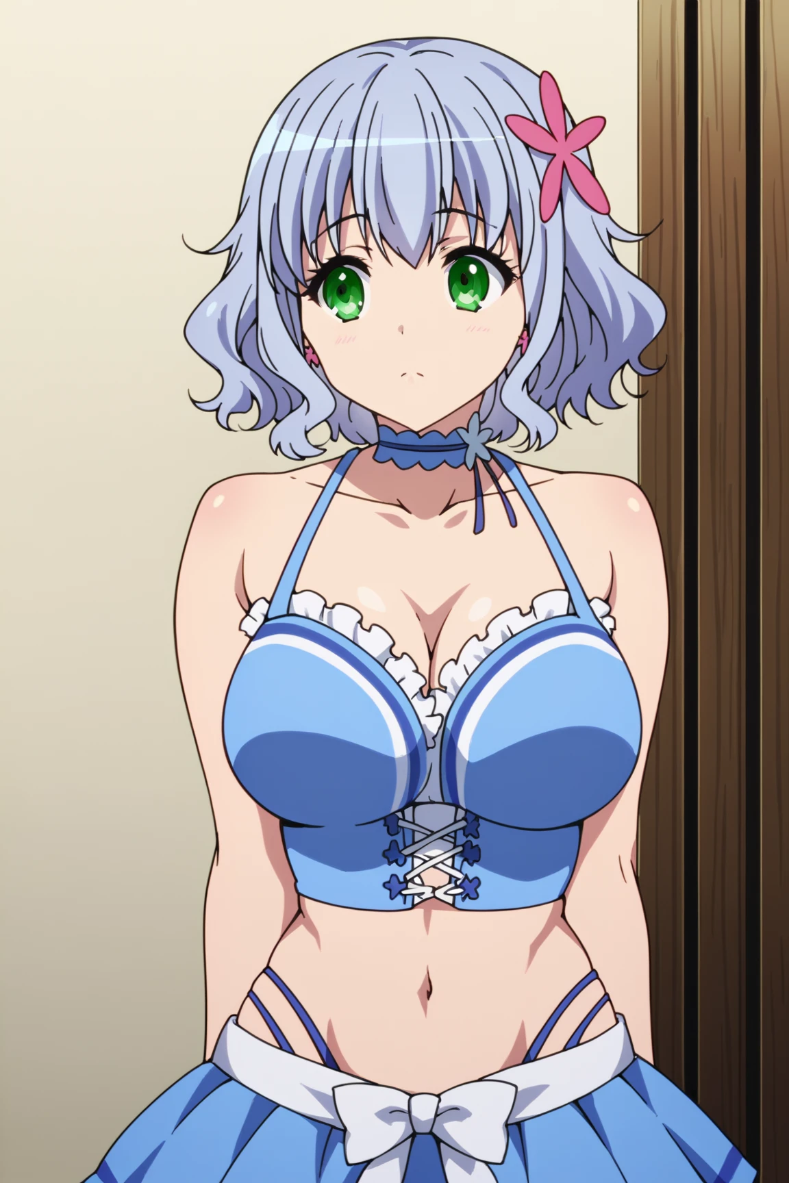 1 girl, kanon kanase, , blush, medium breasts, sleeveless,((stylish outfit, bra, skirt)), sitting, 20-year-old, healthy skin. Upper_body.