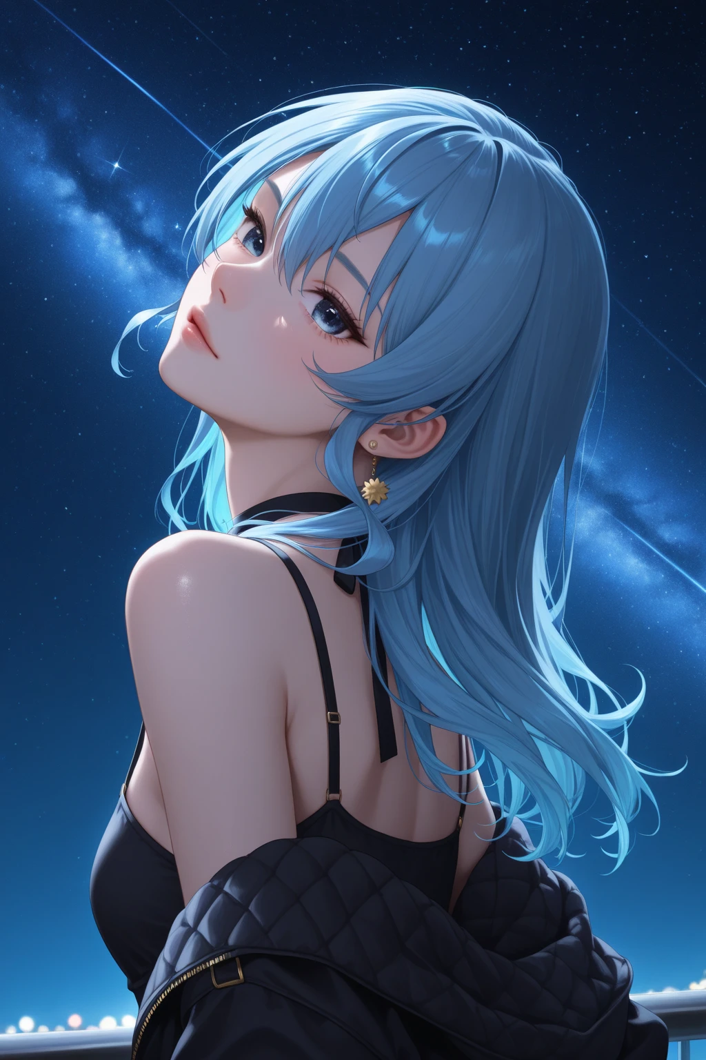 Starry sky, full moon, forest, sky above half, figure below, elegant woman in dress, solo, bandeau dress, romantic dress, print, windblown dress, fashion dress, thin waist, light half-open dress, soft silk fabric, thin, revealing figure, elegant, flowing, summer, strapless