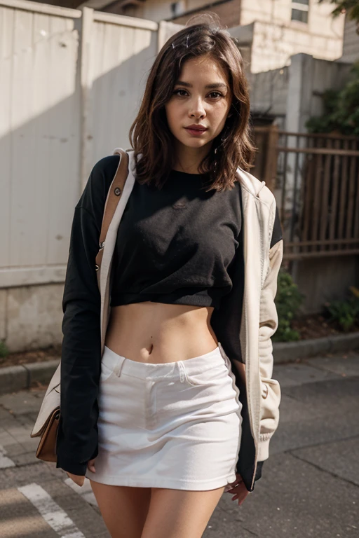 top-quality、masterpiece、超A high resolution、(realisitic:1.4)、Bautiful Women1、Beautiful detail eyes and skin、smile、Light brown middle-cut hair, She is Wearing a long casual clothes, gorgeous chinese model, photo of slim girl model, IG-Modell, beautiful female model, Choker, hold breasts, 24, 24 years old, women's trousers, long casual clothes, sports jacket