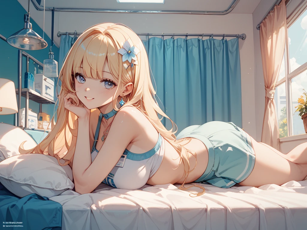Create a high-quality, detailed image of a beautiful anime lofi girl with long blonde hair, bright blue eyes, sitting at her gaming PC in her cozy gaming room. She is wearing a see-through tank top, subtly revealing her nipples, and her midriff. She also has on sleep shorts. The warm, inviting scene includes soft ambient lighting and comfortable seating. The room is illuminated by a small lamp, creating a serene and intimate atmosphere with a touch of sensuality