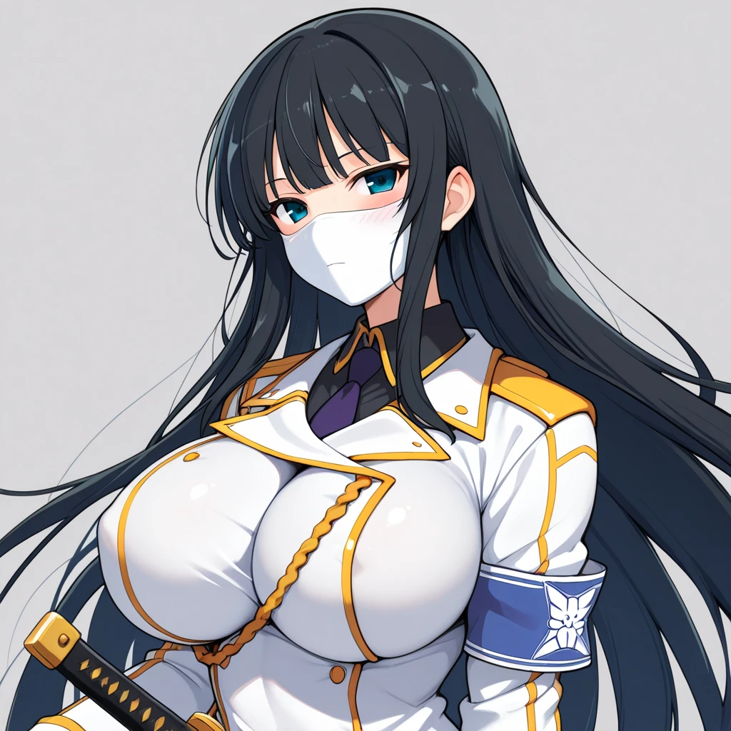 (Best Quality, 4K, hight resolution, Ultra-detailed, Realistic:1.37), nffsw, Vivid colors, Sharp Focus, Studio Lighting, Physically-based rendering, extreme detail description, Professional, Portraits, Anime, blue color tone:0.9, Long Black Hair, White stripes on her hair, Blue Blazer Uniform, Gentle smile, Sitting on a bench, Horse ears on her head, young anime girl,(huge bust:1.5),