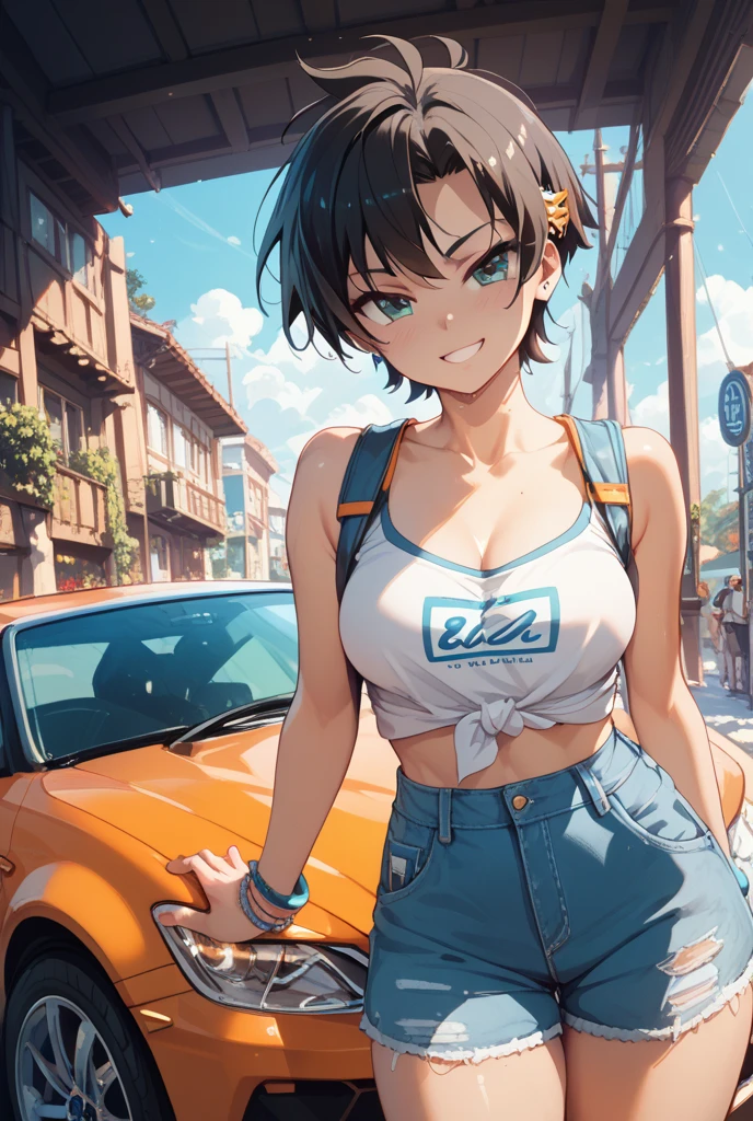girl,(oni:1.3), Old,Stadium Background,Skinny,Humongous Breasts,Sitting parallel to the camera, hand on knee,Medium Hair,Pompadour,(jade Wool Car Jacket,tan Joggers:1.3),Honkai Impact,Tankini ,(masterpiece,detailed,highres:1.4) <lora:underwater:0.7>