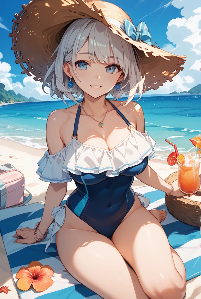 Beautiful arts wallpaper Sunset Outside castle top High level image quality best image quality 8K adult woman silver castle outside more colors whole body view portrait wearing pure black bikini horn ears short hair((shortcut)(gray hair)(perm)(fluffy)) eye color is blue , , attractive evil face , smile , beach , labrynth , barefoot , teasing with her breast, , sitting with crossed legs , big waves , alot of palm trees