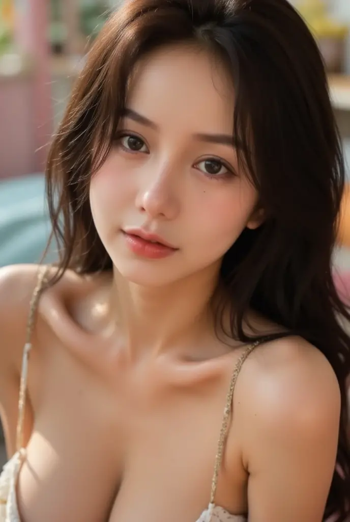 Random posture,1girl in,Seduce,  Beautiful breasts, Lips, Realistic, Photo_\(Medium\), Solo, (masutepiece),(Photorealistic:1.3), Ultra-detailed, (High detailed skin:1.2),(Best Quality:1.0), (超A high resolution:1.0), (ulzzang-6500:0.3), Beautiful and clear eyes, delicate necklaces,Sunshine, (Beautiful detailed makeup), (sexually aroused blushing heavy breathing:1.0), (soft glow bloom:0.5), Mole under the eyes,