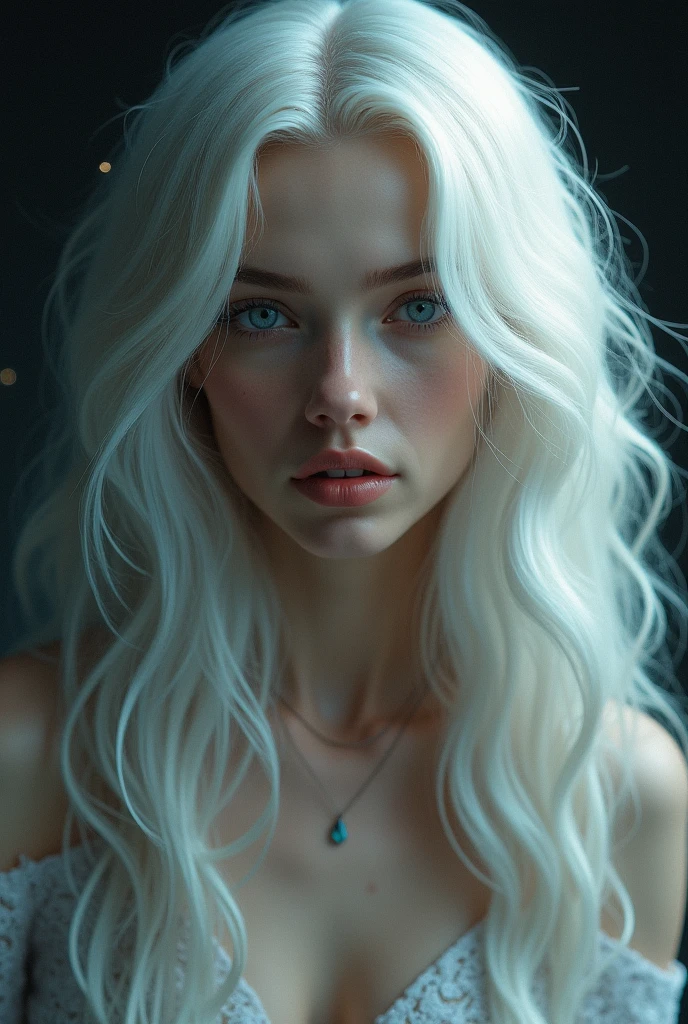 Surreal Portraits of Women by David Hockney and Alphonse Mucha,fantasy art, Realistic picture, dynamic light, art station, poster, Volumetric light, The page is very detailed., 4 ก, won,, 1 girl, in the dark, deep shadow, low voice,cowboy shoot,(formal clothes:1.4) ,long hair,white hair,, bare, see nipples
