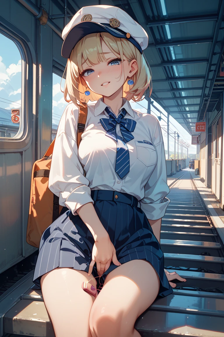 (Tabletop, highest quality, Super detailed), One Girl, Purple eyes, Blonde Hair, Dark Skin, Short Hair、Perm Hair、((Japanese school uniform))、((pantyhose))、(on the train)、(mini skirt)、Leg spread、Black Panties