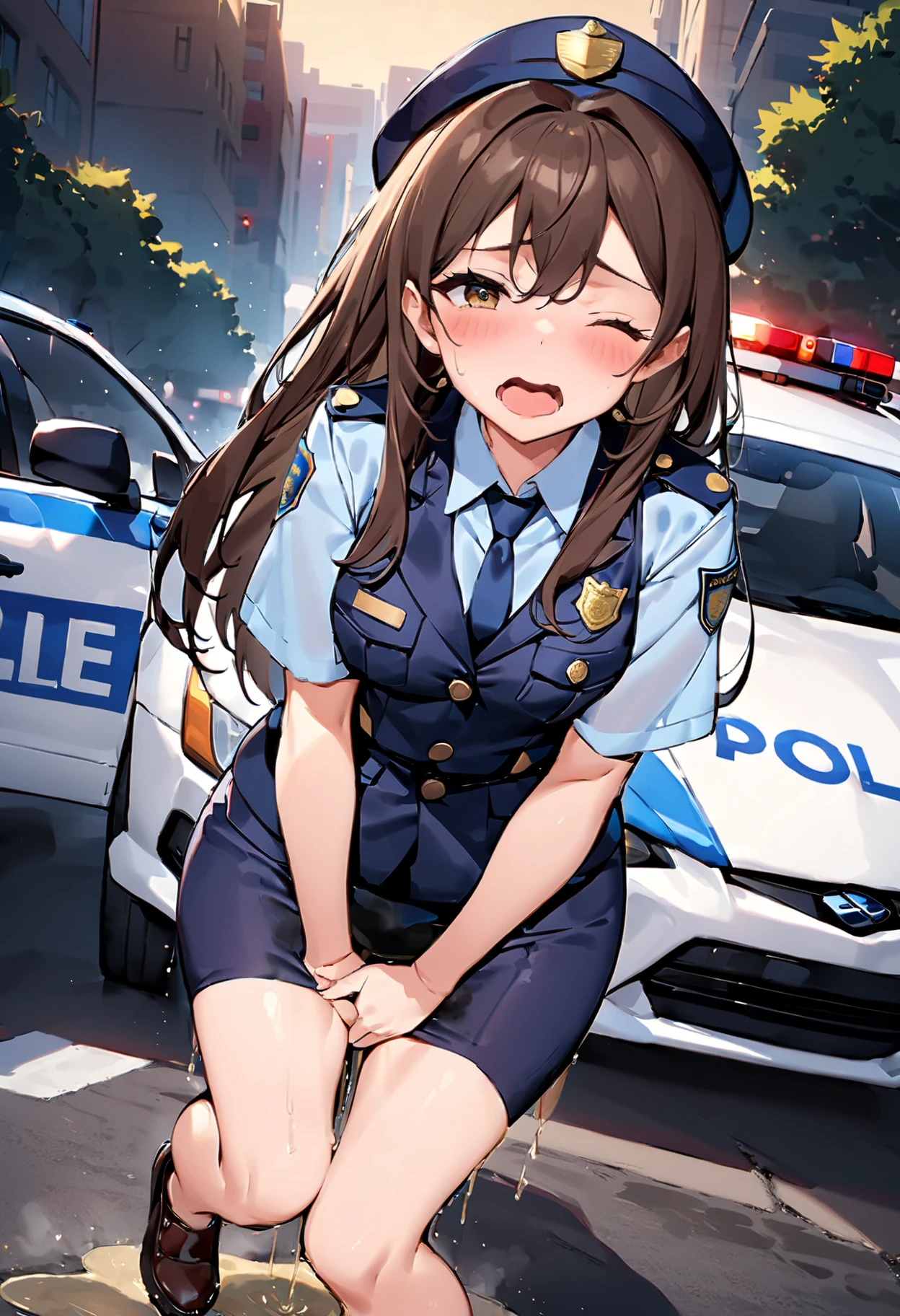 nsfw, (masterpiece, top quality, best quality, highly detailed:1.6), extremely detailed CG unity 8k wallpaper, strong facial expression, (sharp eye:1.2), (scowl:1.1), (embarrassed, blush:1.3), (steam:1.8), (wet:1.2), (sweat:1.1), (trembling:1.3), (open mouth, wavy mouth:1.4), (harf open eyes:1.5), (feeling weak:1.5), (shoot from front, looking at viewer:1.2), (leaning forward,close knees, hands between legs, pee running down legs:2), (((clutching crotch))), (Japanese police car behind), (downtown street, outside police car, next to the police car), (1 woman, outdoor, police uniform:1.4), ((light blue Shirt, long pencil Skirt)), shoes, (long hair, brown hair, pubic hair, Brown:1.5), (woman trembling with sexual climax:1.5), (at midnight), night, at dawn, colorful, full body, wide shot, perfect composition, urination, incontinence, piss, peeing self, A lot of pee, having an accident, pee running down legs, panties around one leg, (((pee stream))), (pee puddle), wetting herself, pee stain, peeing, blush, trembling, embarrassed, large breasts, Yellow pee, ((leaking pee)), Shaking one's shoulders, Breaking a sweat on forehead, puddle of pee, Pee at your feet, Pee spread on the floor, Pee stains, Dripping pee between my legs, Feet wet from pee, Pee-covered feet, Pee at your feet, want to pee, about to pee, Full bladder, Pee-soaked skirt, Pee-soaked shoes, natural makeup,