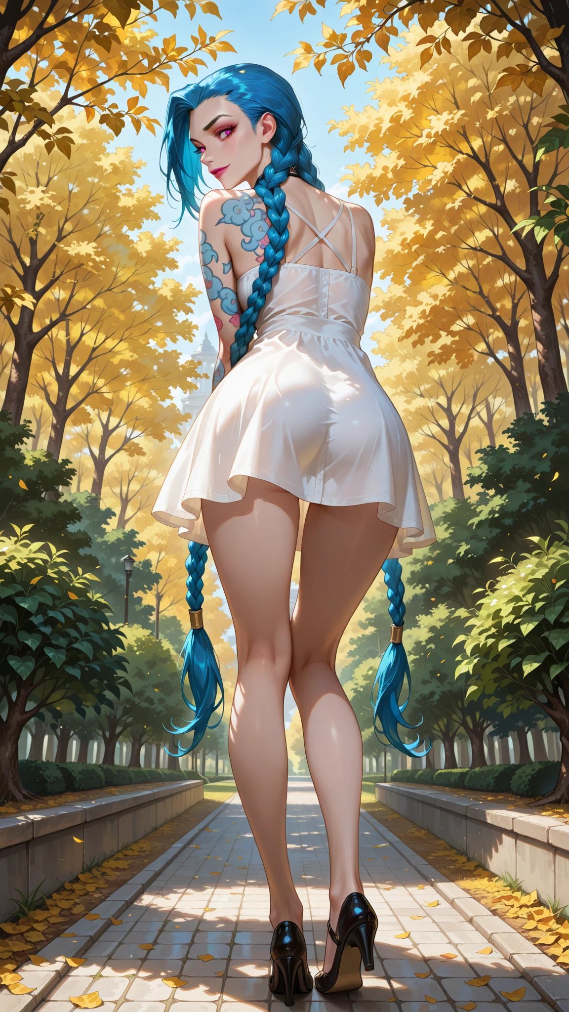 (masterpiece, best quality:1.1), from behind, sage_(dq3), 1girl, (holding staff, staff:1.1), solo, long hair, blue hair, circlet, red eyes, large breasts, yellow gloves, white dress, belt, cape, boots, cleavage, bare shoulders, underwear, standing, full body, grass, wind lift, simple background, nature <lora:DQ3Sage:0.8>