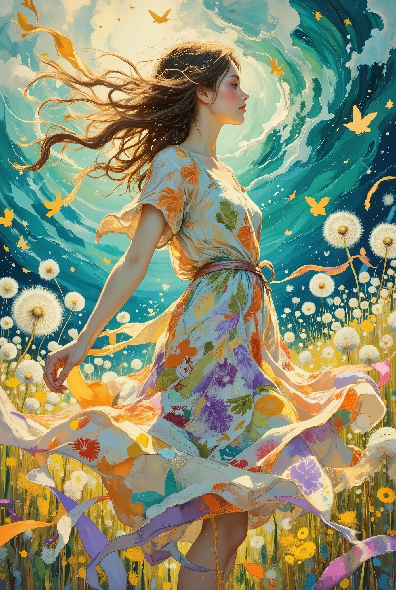A summer frisky skirt dancing in the wind, framed by a magical summer day. Bright, juicy colors: turquoise, tangerine, lavender. The fabric is translucent, flowing, as if woven from sunlight and sea breeze. Each fold shimmers like a butterfly's wing, and the patterns on the fabric are vivid: either tropical leaves or watercolor splashes.

The background is a surreal summer landscape: giant dandelions glowing like lanterns, a field turning into a turquoise ocean with silk ribbons instead of waves. The air is trembling from the heat, and golden specks of dust are floating in it.

The girl who wears this skirt can only be guessed: her figure dissolves into the play of light and shadow, leaving only movement – a slight turn, a wave of her hand, beads of dew scattering in the air.

The style is a mixture of fantasy realism and impressionism: the fabric details to the illusion of touch, but the background is like a dream. The magic of summer, frozen in an instant