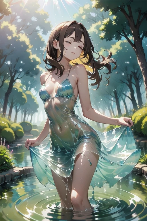 (masterpiece), (best quality), Ultra-high resolution, Sharp focus, ((1 female, Solitary)), beautiful fine hair, Chestnut Brown Hair, long hair hanging down, Beautiful and delicate face, ((Beautifully shaped eyes, Green Eyes)), Perfect female face, drowning,Exposure、Disheveled、Clothing that fits snugly,Chest contour、(((Wet clothing))),tube top,(((Ultra-thin clothing))),(Body model),((body outline)),Grinning, blush,Hyperactive expression,(crotch display),Nipple Covers,Underwater