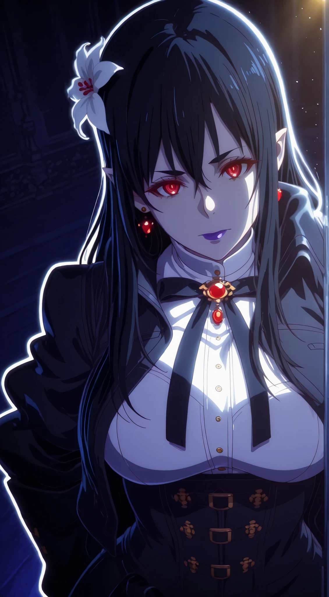 (sword art online-style:1.5), (jam-orbital-style:1.2), (zonda_(solid_air)-style:1.2), ((anatomical correct)), ((Cinematic, unreal engine, eye-catching, ambient occlusion, UHD, masterpiece)), ((perfect lighting, soft shadow)), perfect body, perfect eyes, perfect fingers, gasping, heavy breathing, gasping profusely, ((skindentation)), ((curvy)), enigma, vampire, long hair, ((black hair)), hair between eyes, red eyes, pale skin, purple lips, lipstick, pointy ears, big breasts, (voluptuous:1.5), (mature female:1.5), ((white outline)), solo, 1girl, jewelry, flower, looking_at_viewer, shirt, lily_(flower), white_shirt, upper_body, earrings, closed_mouth, brooch, skirt, ribbon, hair_ornament, bow, gem, high-waist_skirt, hair_flower, black_ribbon, joints,
