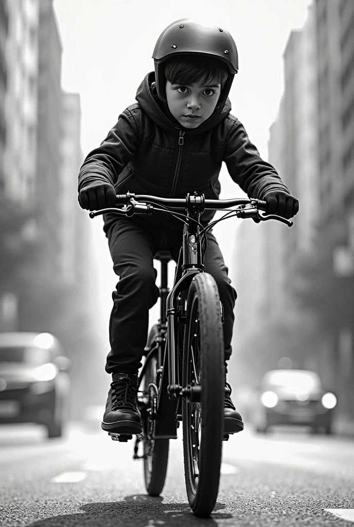 boy with orange hat, black dress, on a black bmx