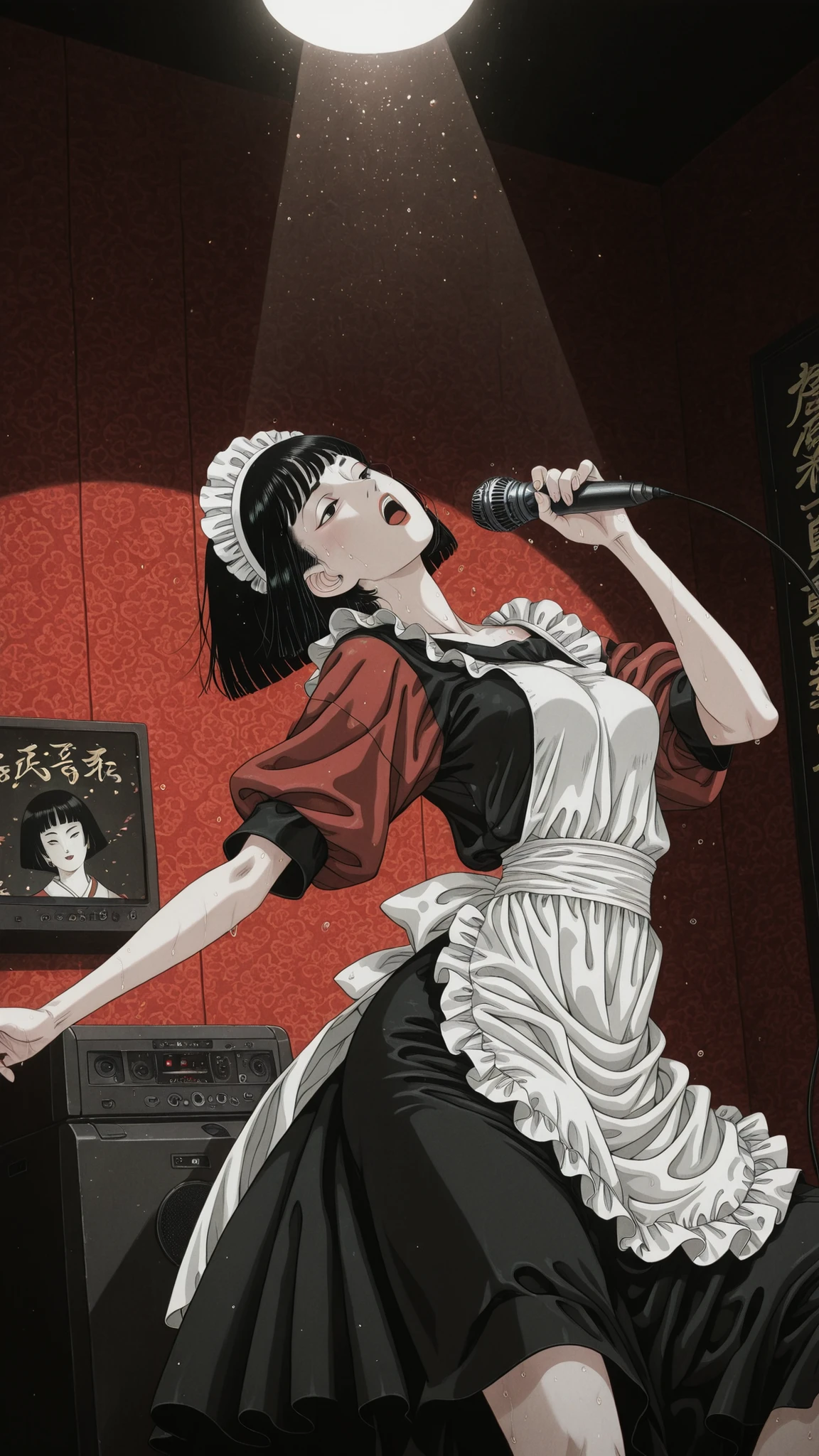 ukiyoe,one woman、solo,Maya Hell,black eyes,dark hair,bob cut,Maid Outfit、White Apron、White Headdress、dancing and Singing passionately、microphone,sweat,Spotlight、in karaoke box,red japanese pattern wall,dynamic pose ,dynamic angle,jptradartnbai artstyle,dark_art_style,nihonga,addmicrodetails,