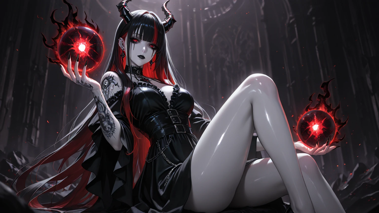 ((1 female, demon, black hair, red eyes, damnation, in the underworld, evil, black nails, red lips, ripped black dress, sitting sideways, eyeing viewer, pale skin))