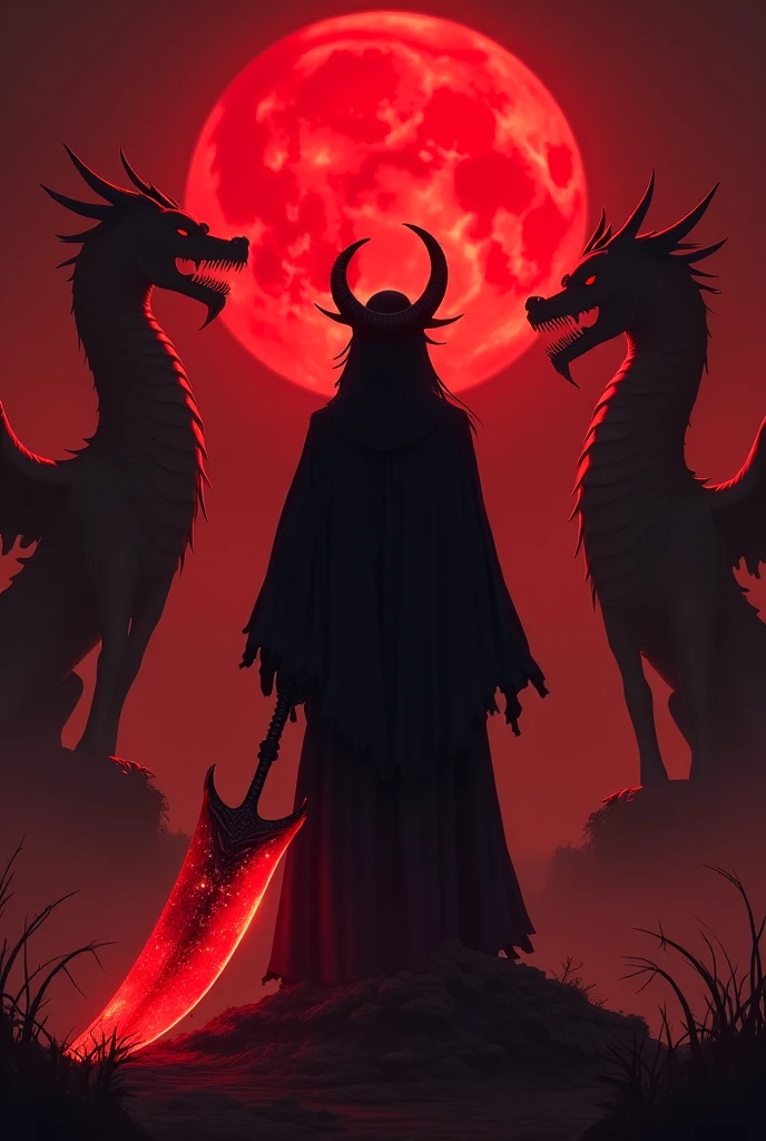 feminine witch wearing full-length horse's skull as a mask, white robes drenched with blood, blood, blood on clothes, blood on face, blood on hands, blood splatter, blood in sky, rain of blood, standing in puddle of blood, kneeling in ocean of blood, horse-skull instead of human head, in anime style