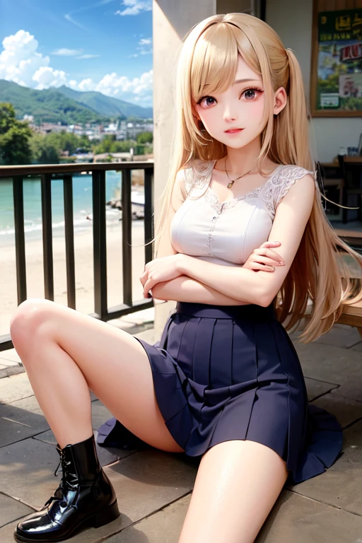 Need,tmasterpiece,Loli,Two people,whaite hair,Golden eyes,Manteau blanc,Look up,full bodyesbian,Hairline,White skin of the,SideBraid,ear studs,White panties fall off from below the knee,There is a band-aid on the chest,Little blonde girl sitting side by side on the floor,Open your legs to reveal your panties, Realistic anime little girl rendering, render of a cute 3d anime girl, Anime,Wear a low cut,Miniskirt,Blue and white striped socks,carrying red school bags,saliva,Wet clothes,see-through transparent clothes,Urine runs down the thighs