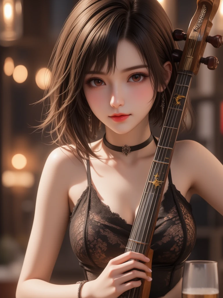​masterpiece, top-quality, illustratio, Saxophone Blue, Platinum Earrings, Platinum Necklace, white dres, 1girl in, cute little, (Dynamic lighting:1.2), lighting like a movie, delicated facial features, A detailed eye, Sharp pupils, Realistic pupils, depth of fields, bokeh dof, sharp focus, (ultra-detailliert, bloom, Glow:1.4), Many Small Gems、　Green Light