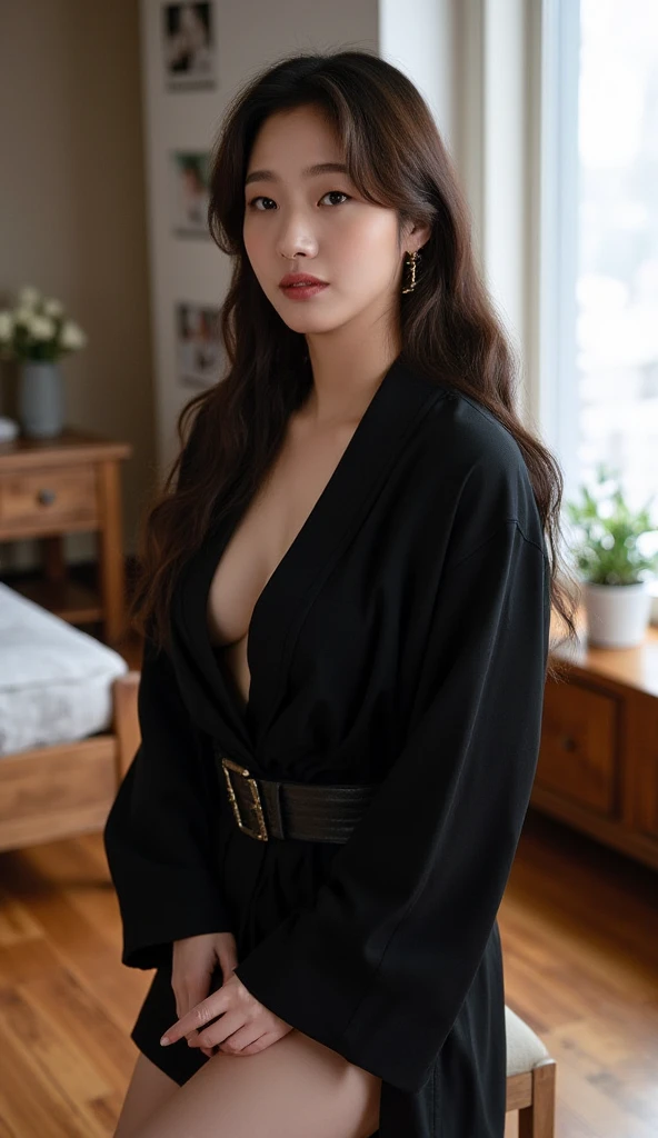 (((realist))), (((Best Quality))), (((Masterpiece))), japanese woman, 30 years old dressed in black clothes, super hot, Sexualized, half plane