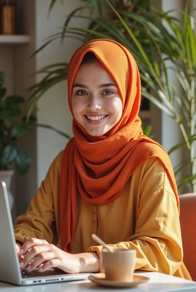 Generate  a very  beautiful hijabi  girl  and  work ing laptop  an good  smile full image  