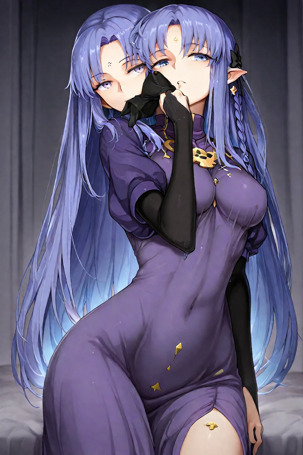 Athena，Purple one-way slightly messy long hair，Purple Eyes，Purple jumpsuit，But the jumpsuit is sexy，Wearing a sexy purple trench coat，barefoot，A black hole in the universe，Purple and black black hole，Draw a good look，Normal body proportions