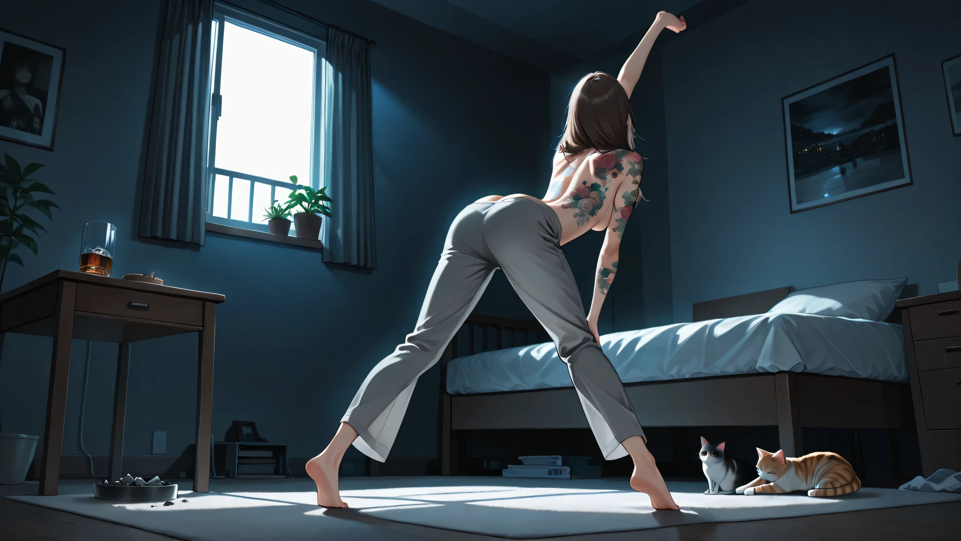 semi-realistic,top quality,A room on the 2nd floor of an apartment where the morning sun shines in,(dark room:1.4),(Backlight:1.3),Dilapidated apartment,(A simply furnished room,underwear and clothes and magazines scattered on the floor),Single pipe bed,kitten,(1 whiskey bottle and an ashtray with glasses and butts on a glass low side table),top quality,back view, distant low angle shot, character as part of lands,Full Body,Woman standing tiptoe in front of a window and stretching out her back,arched back and little head back,stretch, kana01,1 adult woman, brown long hair,Gray pajama pants,butt crack, medium breasts, topless,(lots of tattoos on back and upper arm:1.2),Gray floral monochrome tattoo,smoking joiny, lot of plants,
