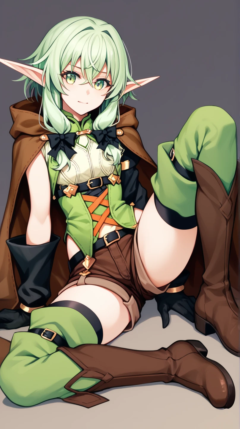 ((nsfw1.5)) masterpiece, best quality, highres, 1girl, elf, pointy ears, green hair, long hair, green eyes, hair bow, black gloves, brown shorts, locks, cape, green thighs, (((Thick thighs))),short shorts, belt, small breasts, cowboy shot, forest, sitting, leg up,