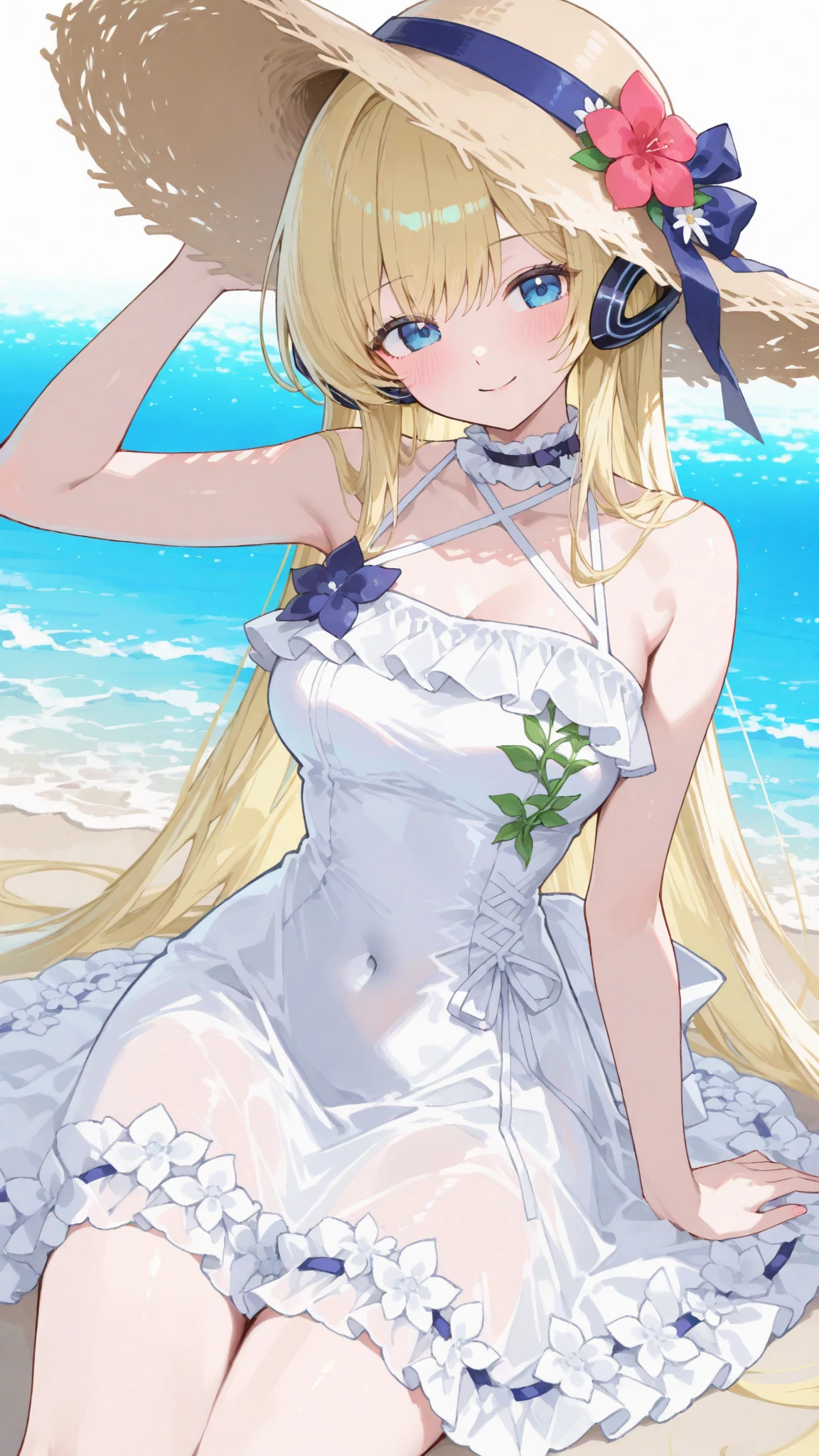 Hood \(warship girls r\),((masterpiece)),(((best quality))),((ultra-detailed)),((illustration)),((disheveled hair)),((frills)),(1 girl),(solo),1girl,ahoge,bare legs,bare shoulders,bird,blue sky,blush,bouquet,braid,breasts,bridal veil,bride,church,cleavage,closed mouth,cloud,cloudy sky,collarbone,curtains,day,dress,earrings,eyebrows visible through hair,flower,full body,hair between eyes,hair ornament,high heels,horizon,jewelry,large breasts,leg garter,looking at viewer,medium breasts,necklace,ocean,off shoulder,outdoors,pink flower,pink rose,red eyes,rose,sitting,sky,smile,solo,strapless,strapless dress,table,thighs,tiara,vase,veil,wedding,wedding dress,white dress,white flower,white footwear,white rose,wind,window, under-rim eyewear,Blue eyes with highlights,Blonde long hair(delicate eyes),