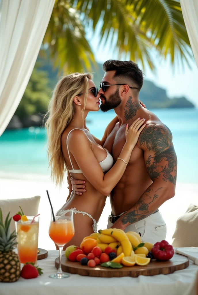 A woman young, blonde, long  hair, breasts big, hard, sunbathing in a blue bikini and sunglasses, sitting in the pool, she wears an amulet necklace with a lion pendant, behind her a tattooed man holding her face. He is big and wears red trunks with big volume. 