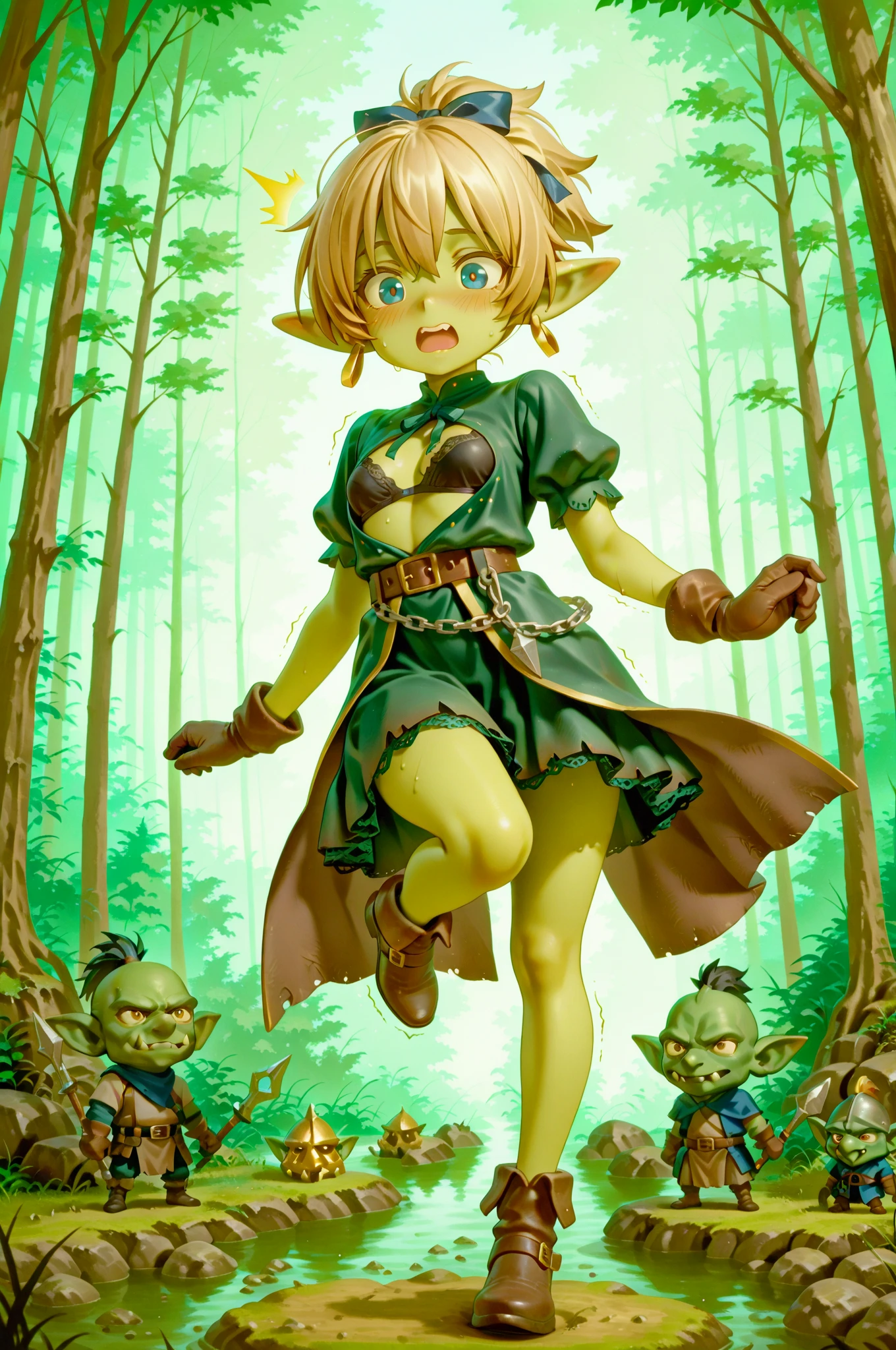 1 elf girl, slender, elf ears, beautiful eye, elegant smile, green elf style robe, dress with green gems, blond wavy short hair, bob cut, white flour hair accessories, deep gold eyes, dancing joyfully, moonlit forest, full body