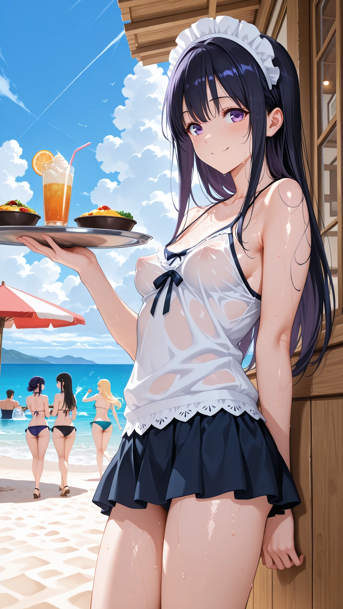 tanned skin anime young woman wearing a cropped bikini top and jeans, extreme hunger, starving, skinny slim empty stomach