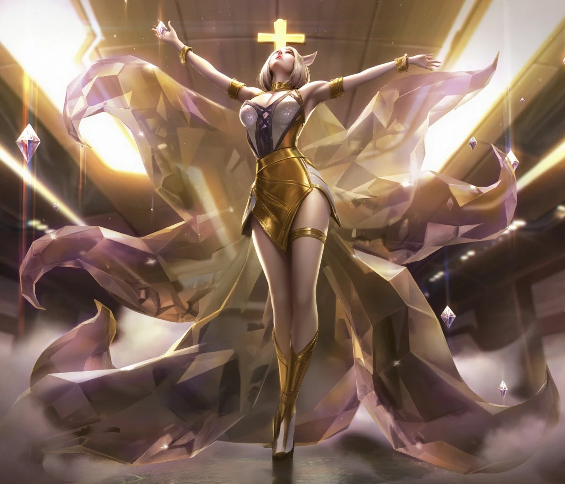 In the middle of a bustling sports stadium, the Giantess Goddess stands, her golden skin glowing under the floodlights. Her dark, alluring eyes scan the crowd, a wicked smile playing on her lips. Each step she takes sends spectators flying, and the stadium structure crumbles beneath her. She scoops up clusters of people, their struggles against her immense form sending shivers of delight through her body.