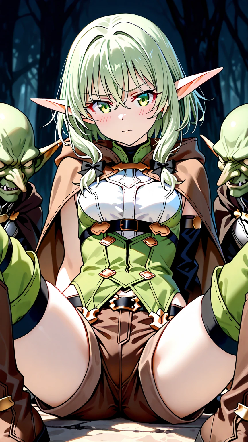 anime fantasy 2 naughty 20 year old girls with long hair defeated by goblins in an ambush (Spread your legs, Consequences) bad ending (girl goblin penetration, inserts it into the girl between her legs) (torn garments, torn garments) (Open skirt, pointy breasts , high thigh, open shoulders,) ( licking between open legs)