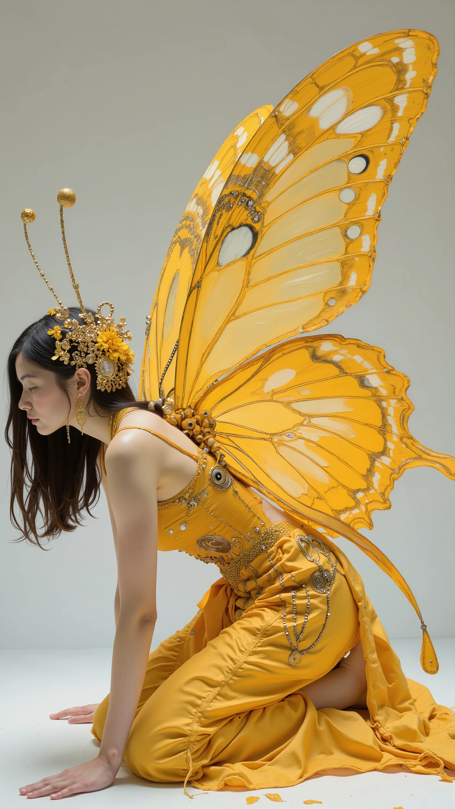 profile 、Profile、Front Bending Position with Hands on the Ground、yellow jersey women's carafe butterfly costume, Exquisite and Handsome Feathers , Butterfly Wings, big, Beautifully open wings , Extremely Intricate Feathers !, with big wings , Intricate Costume Design, beautiful feathers , Spread your wings, Angel Themed Costume Design Made with Love , beautiful costumes, Disheveled Feathers, spread wings, Award-winning costume design , high quality stage costume