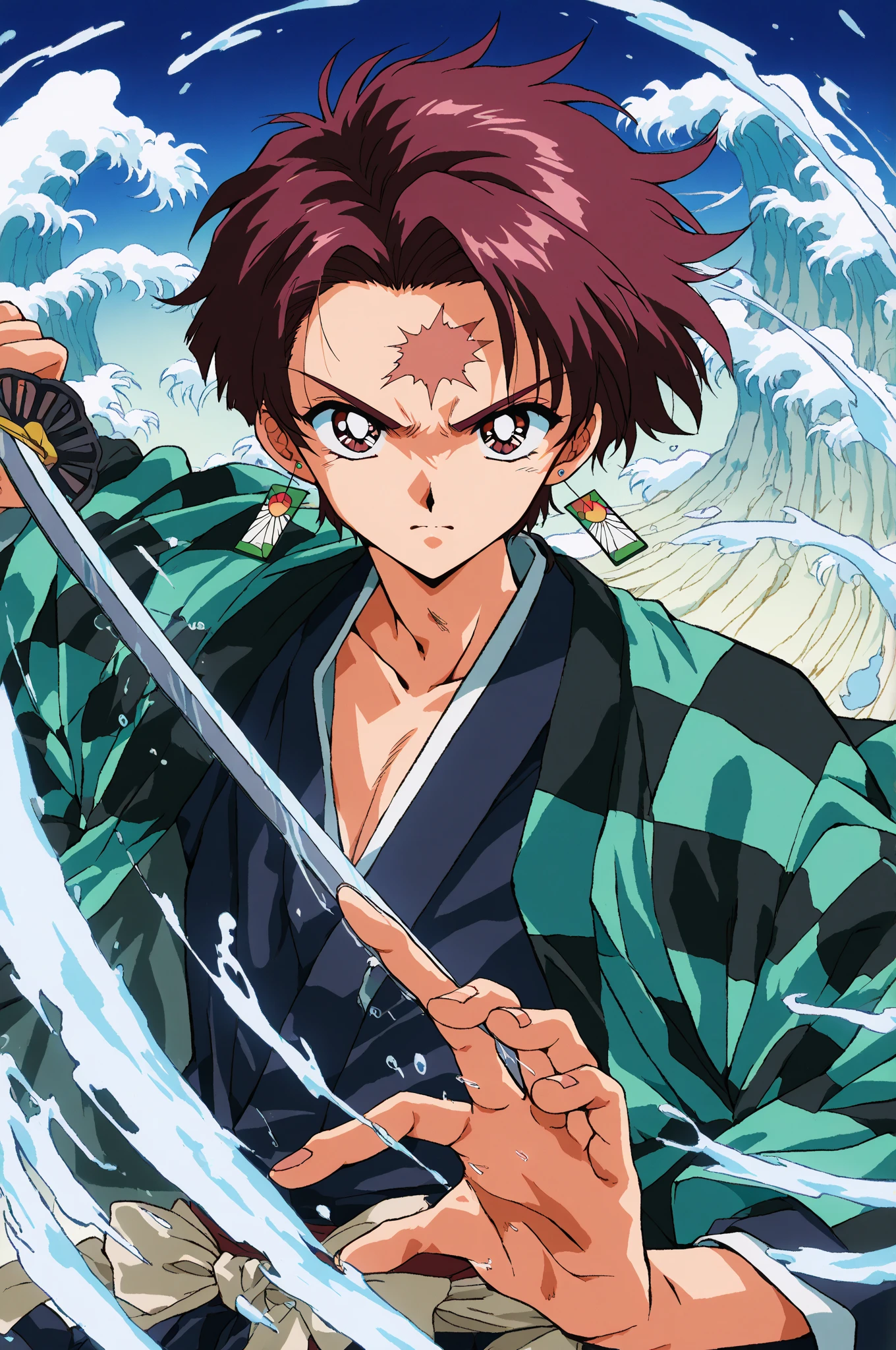 Garoto de 16 anos, de pele bronzeada, short and messy red hair, olhos amendoados. He wears a green jacket and pants and, em um dos seus pulsos, has a bracelet with several pendants in the shape of mythical animals. in your right hand, segura apoiando no ombro um guarda-chuva estilo katana.