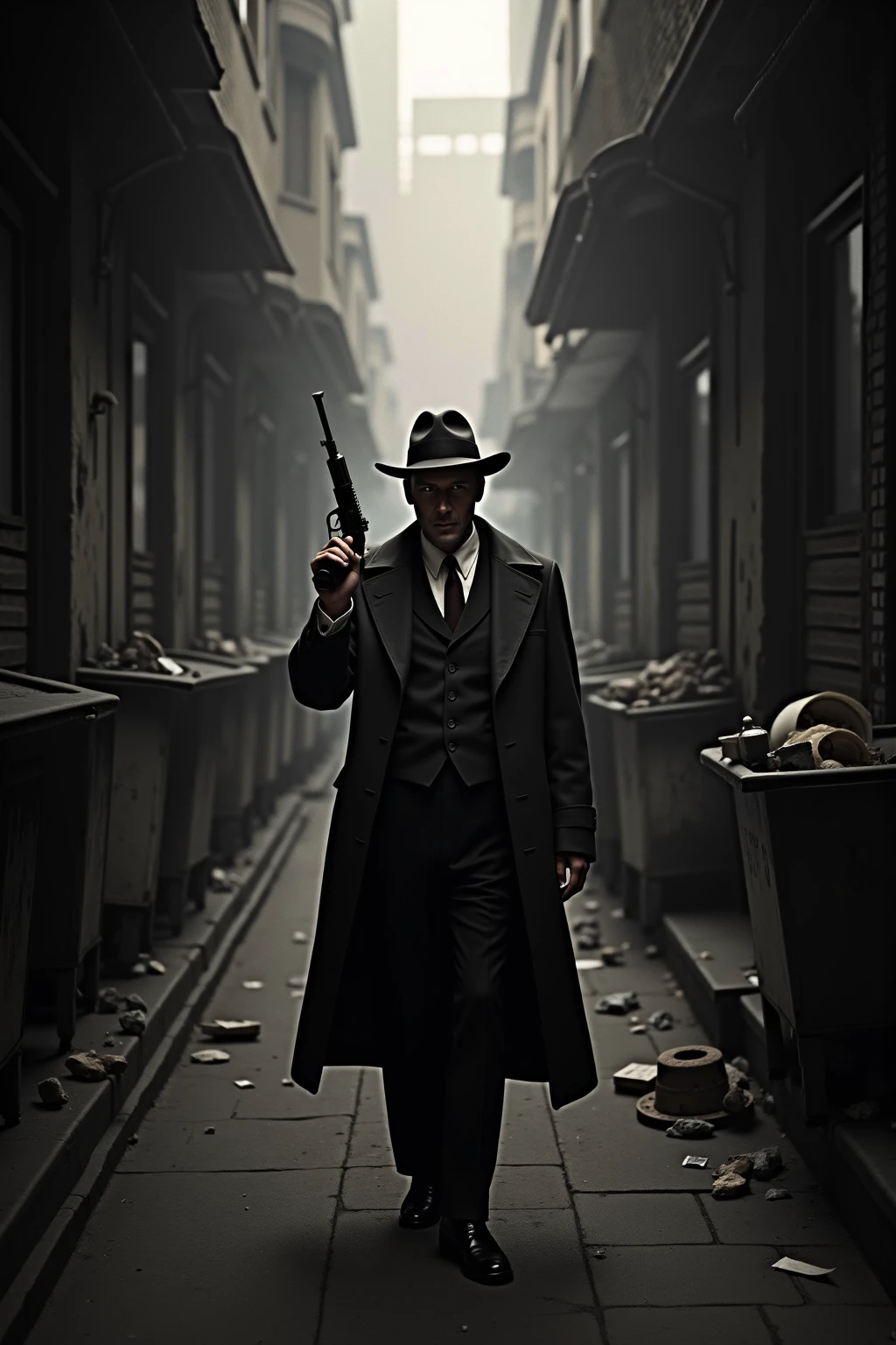 A young Fit, but blind warrior walks carefully down the street papping his cane in a post war city in ruins his cane provides a map of the mosley greyscale world without colour except for the fire and his bright blue blind eyes