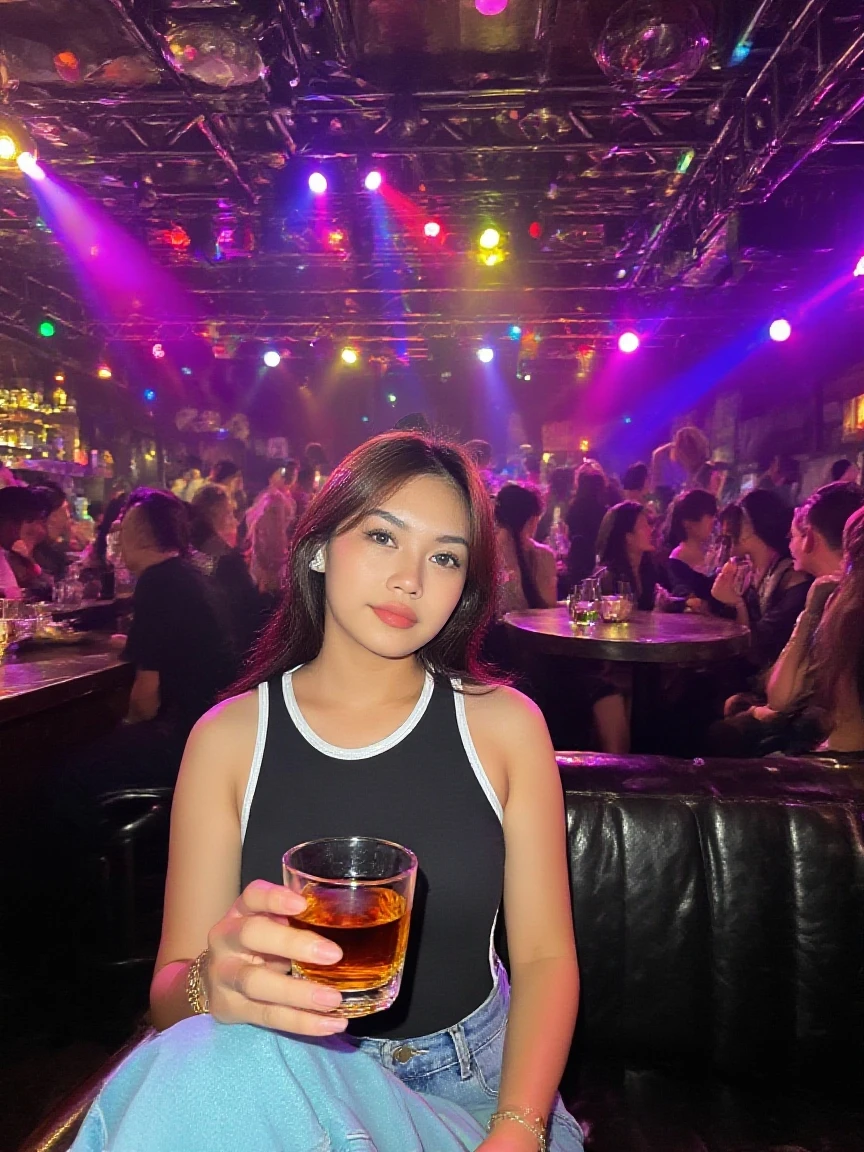 there is a woman that is standing in a room with a lot of people, candid photo, candid shot, wearing bralette tube-top dress, big boobs, at the party, wearing a sexy black shorts, gorgeous lady, by Andrée Ruellan, non blurry, wearing corset, taken in night club, intricate outfit, wearing bra, candid picture
