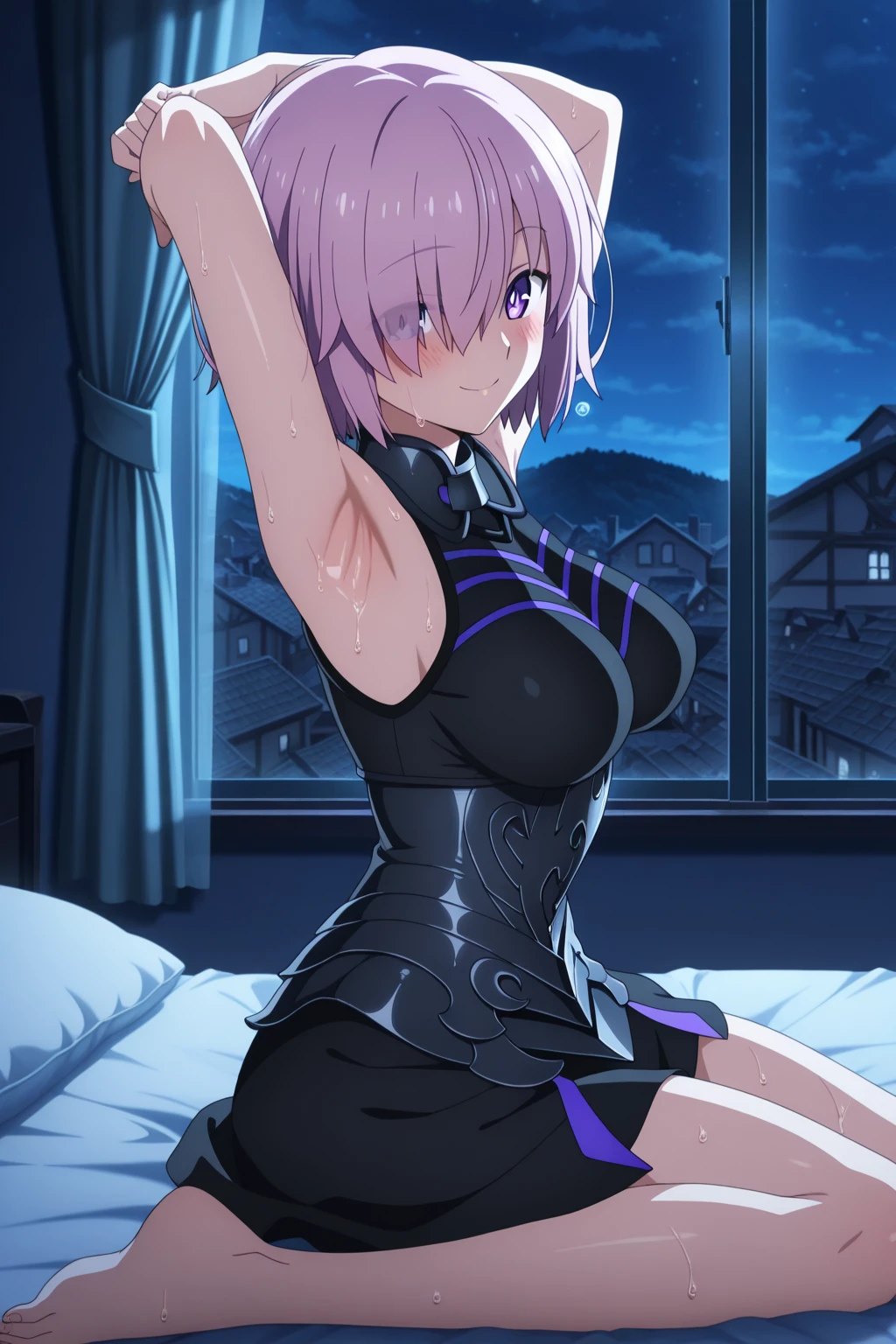 NSFW,masterpiece,Highest quality,High resolution,Very detailed,Mash Kyrielight\(Fate/grandorder\),short hair、Purple Eyes、Pink Hair、Hair covering one eye,gloves、Shoulder Bare,leotard,In the forest at night,tent,camp,Embarrassed,blush