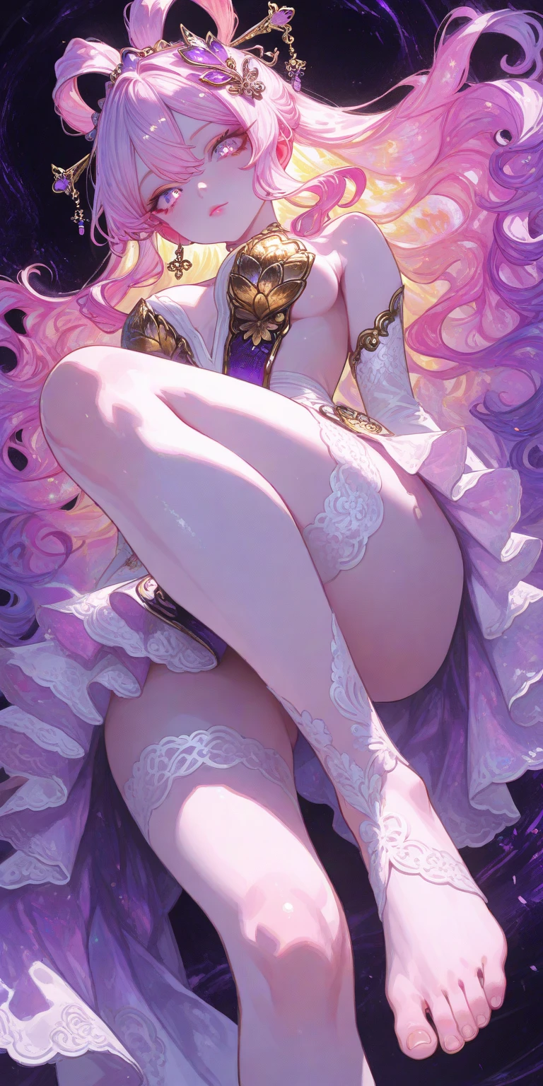 ((Best quality, masterpiece, 4k, best anatomy)), cute elf girl, (violet hair), ((very long hair)), perfect face, (yellow eyes), ((naked)), (()), ((flat chest)), ((21 years old)), skindentation, extreme detail, attractive angular face, red lips, pink nipples, glossy skin, detailed hair, full body, close-up chest, ornamental gold necklace, gold earrings, ((1 girl)), embarrassed expression, innocent smile, (high heels), sitting, long legs, ((slender)), blush, empty white background, ((thigh-high socks))