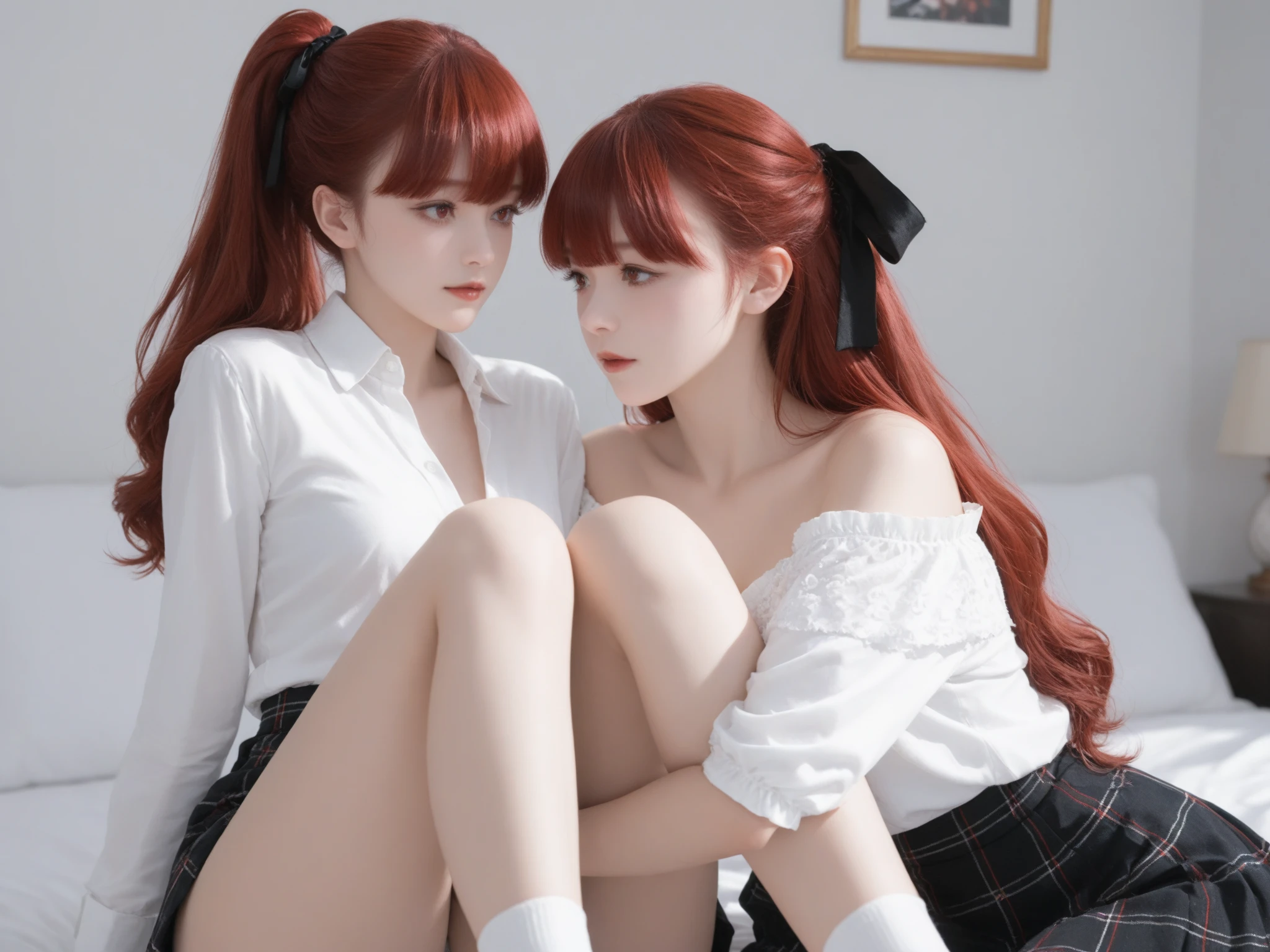 Hot girl, red hair, blue eyes, sexy pose, black school clothes, mini skirt